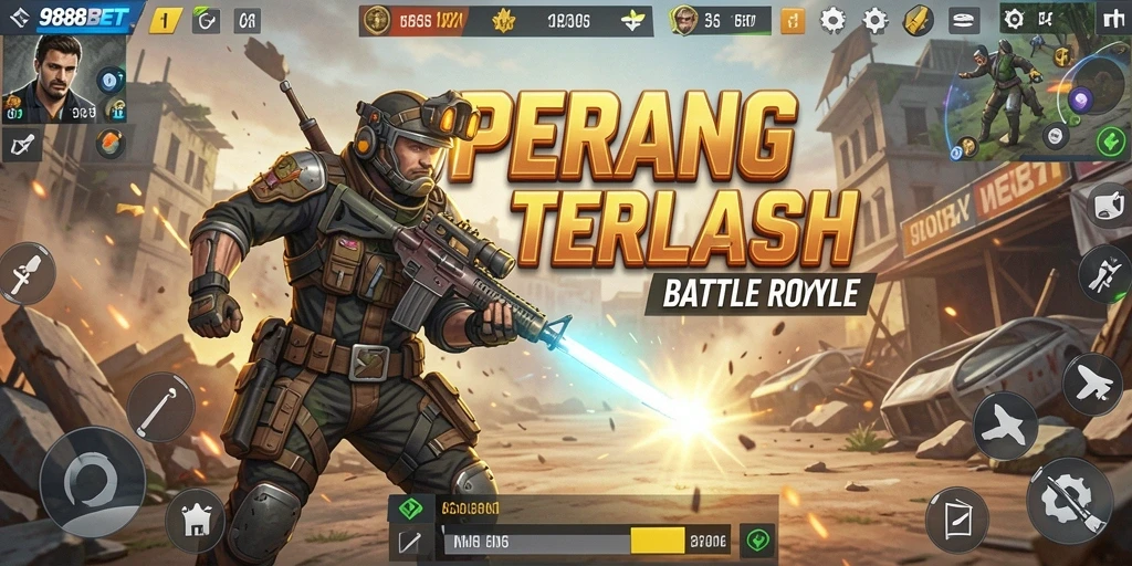 Skrinsut utama 988BET menunjukkan pertempuran intens di Battle Royale.