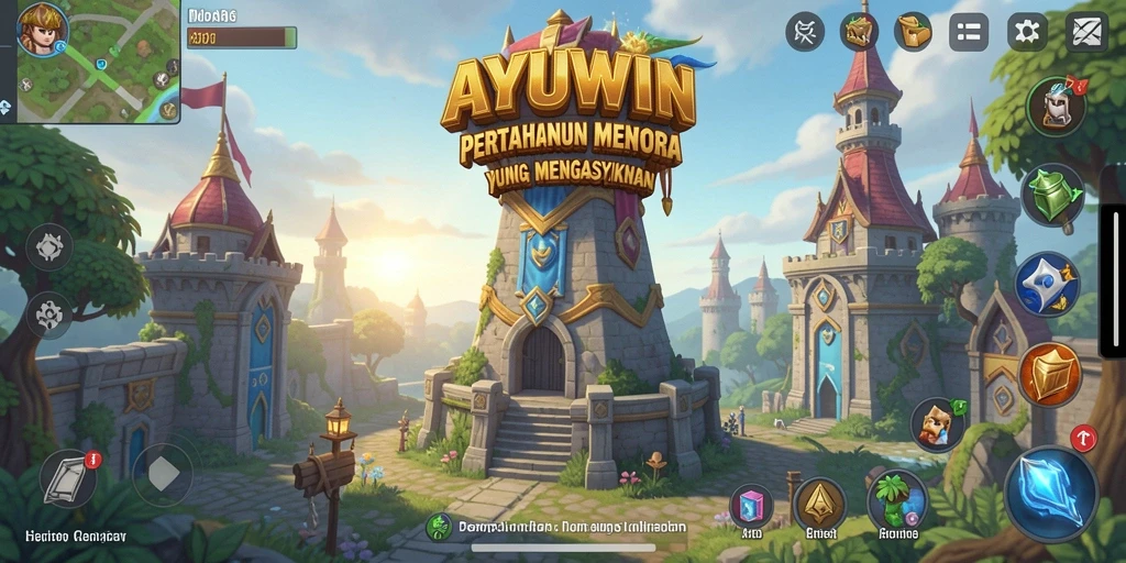 Tangkapan layar gameplay AYUWIN yang menunjukkan menara dan musuh dalam aksi.
