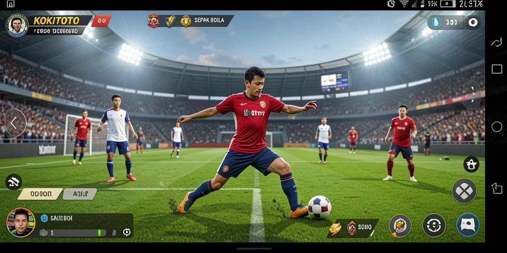 Screenshot gameplay KOKITOTO menampilkan aksi seru di lapangan sepak bola.