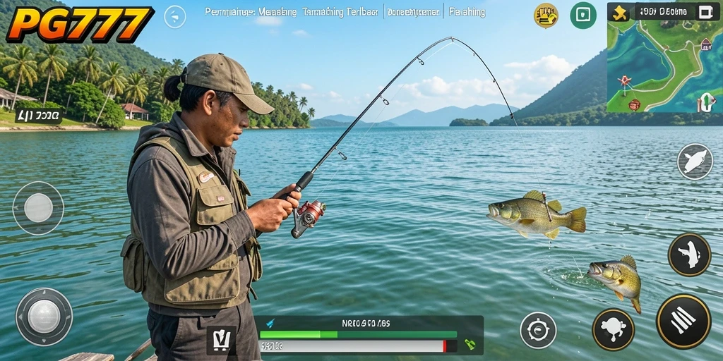 Screenshot gameplay PG777 menampilkan momen menangkap ikan yang seru.